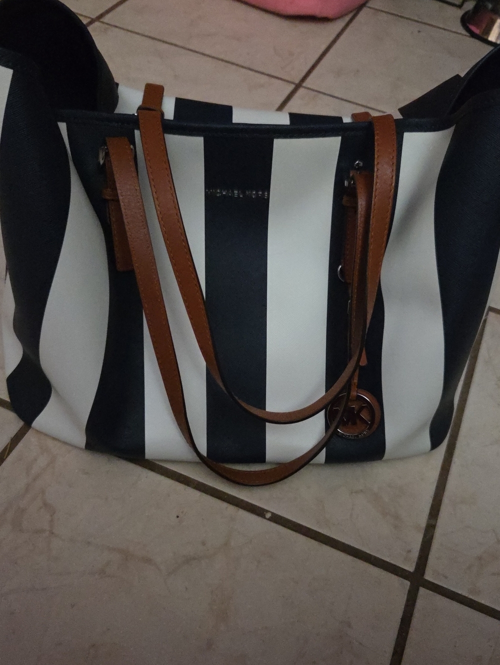 Michael Kors Black & White Vertical Stripe Tote with Brown Straps NWOT